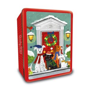 EMBOSSED SNOWY DOGS ON A DOORSTEP TIN 300g - Image 1